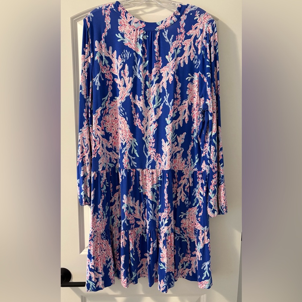 Lilly Pulitzer Blue Long Sleeve V-Neck Floral Shift Dress - Picture 4 of 5